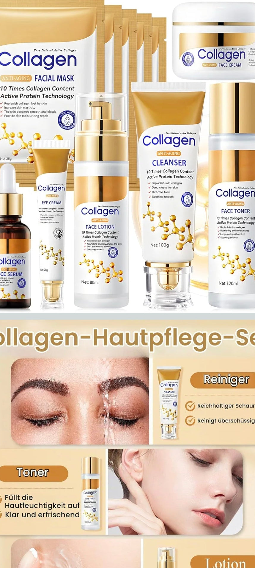 Gesichtspflege Set Damen, 11 Stück Skin Care Set mit Collagen